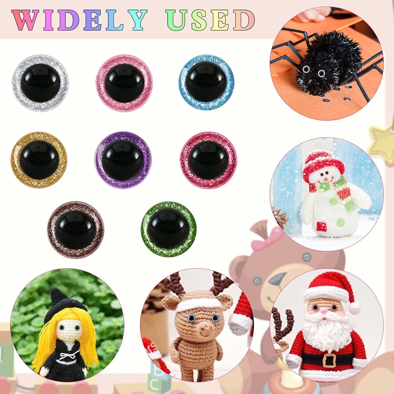120pcs 18mm Glitter Safety Eyes with Washers & Spacers – Plastic Craft Eyes for Amigurumi, Crochet Dolls, Stuffed Animals & DIY Christmas Decorations (8 Colors)